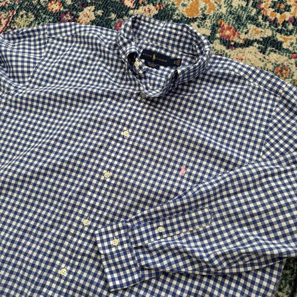 Ralph Lauren Men's Blue Gingham Check 100% Cotton Stretch Button Down Size XLT - Picture 1 of 7